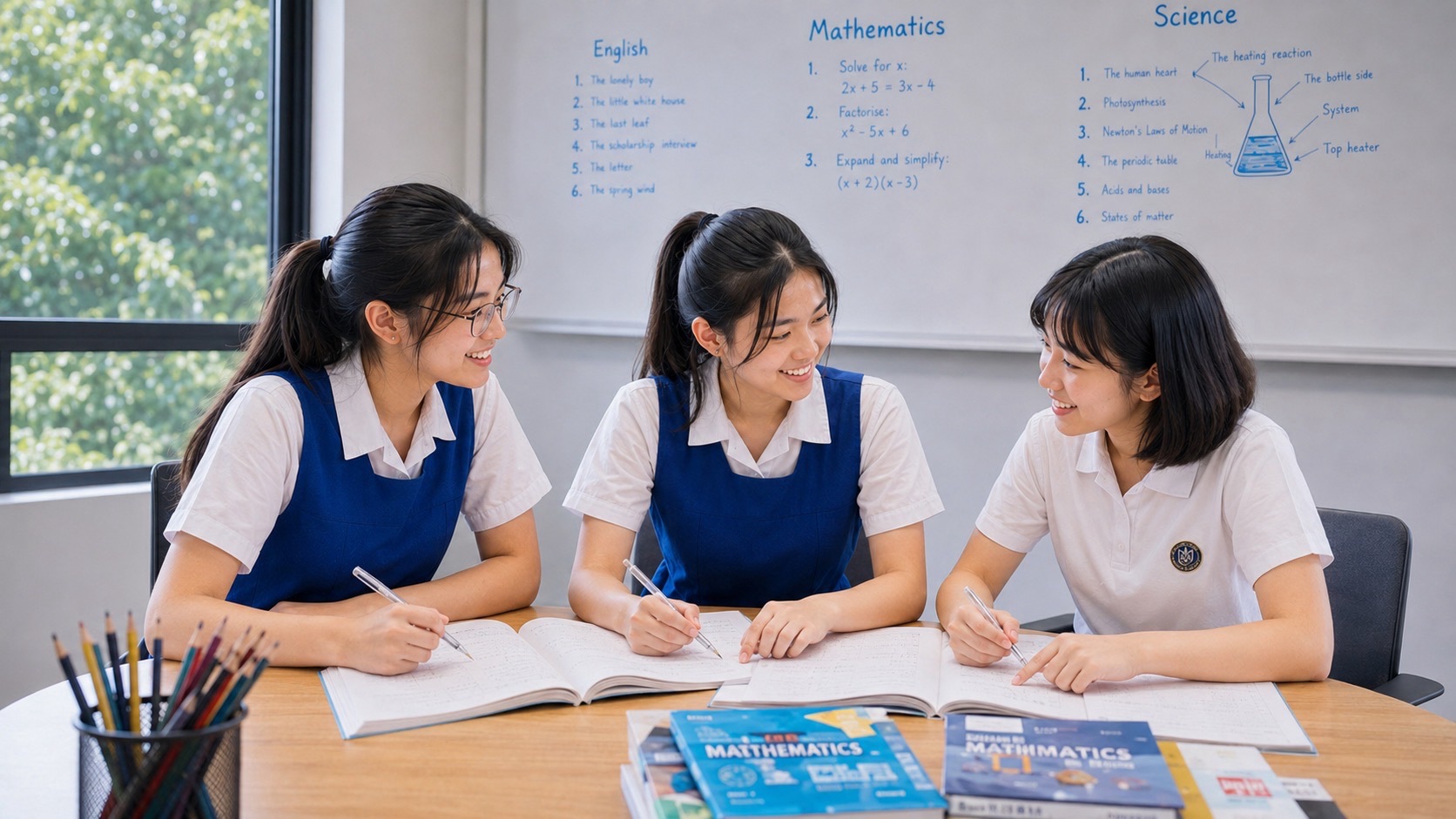 Three female students studying together at eduKate Singapore.
