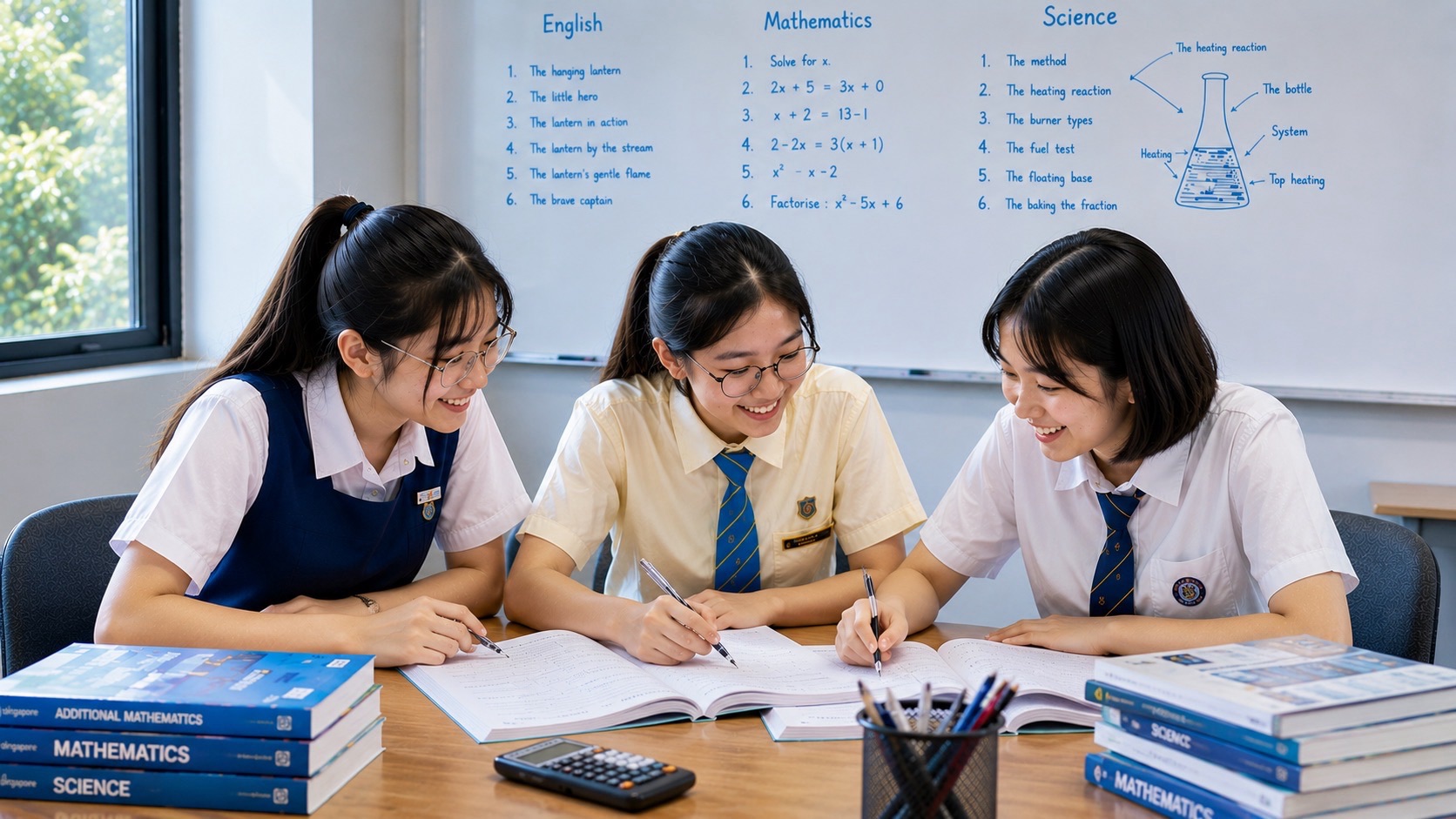 Three female students studying together at eduKate Singapore.