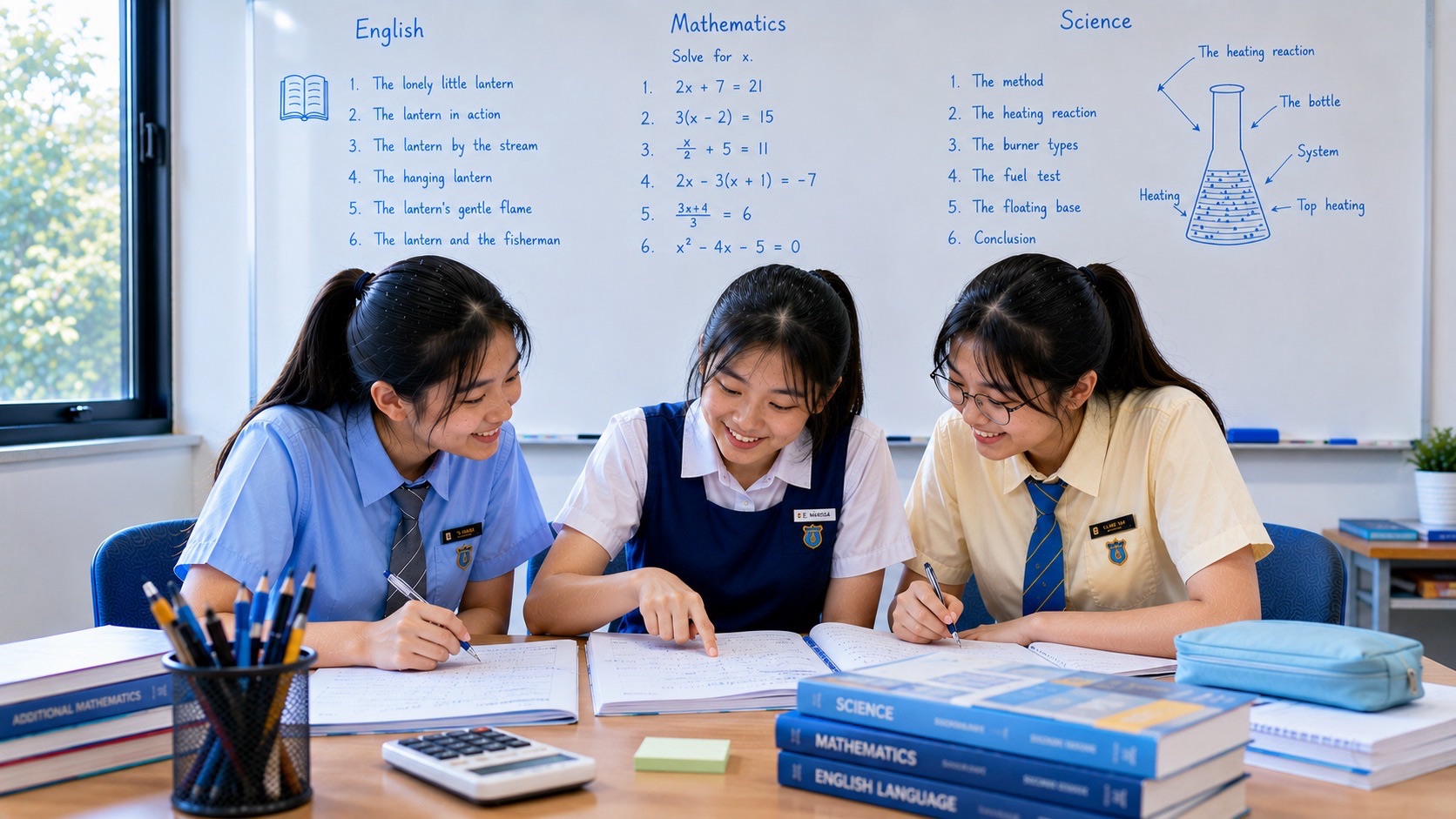 Three female students studying together at eduKate Singapore.