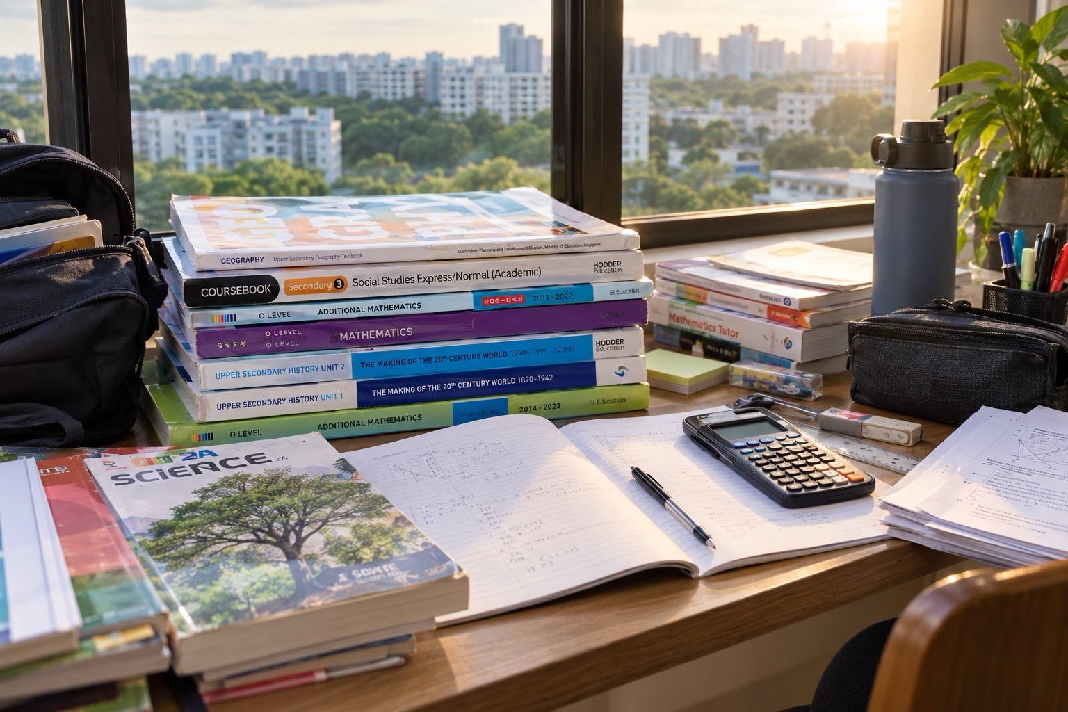 Stacks of schoolbooks, an open notebook, stationery and a calculator fill a study desk overlooking trees and residential buildings.