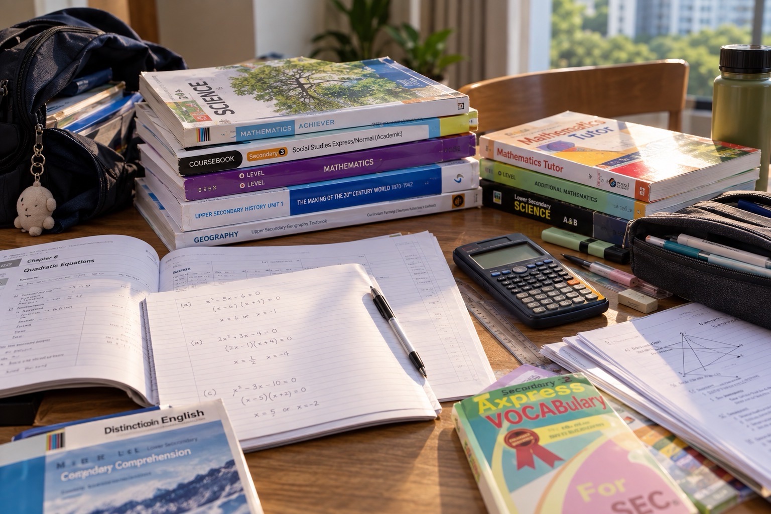 An open notebook, stacks of schoolbooks and a calculator are arranged on a study desk, with a school bag nearby.