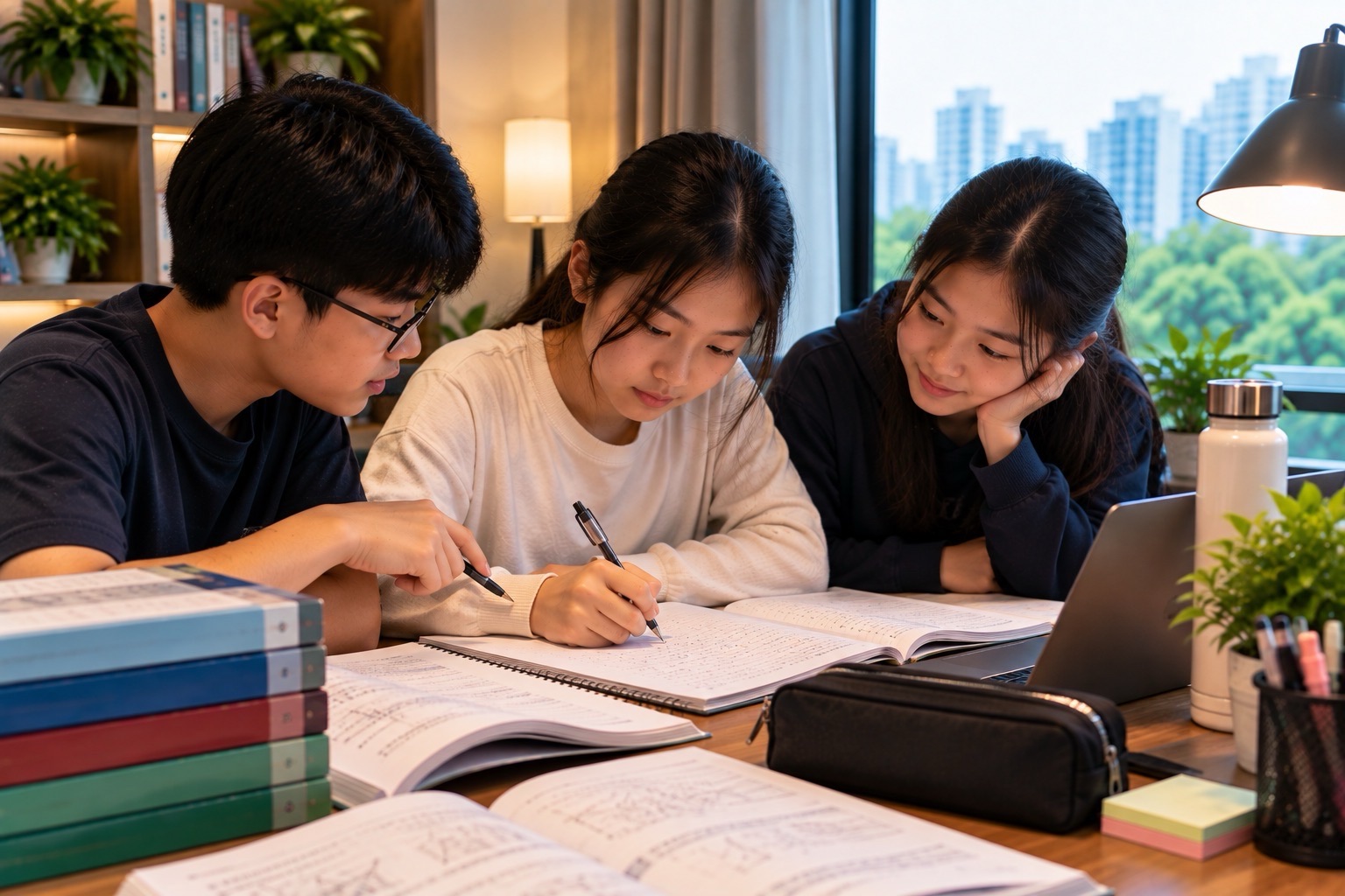 A student points to written work while a classmate writes and another watches.