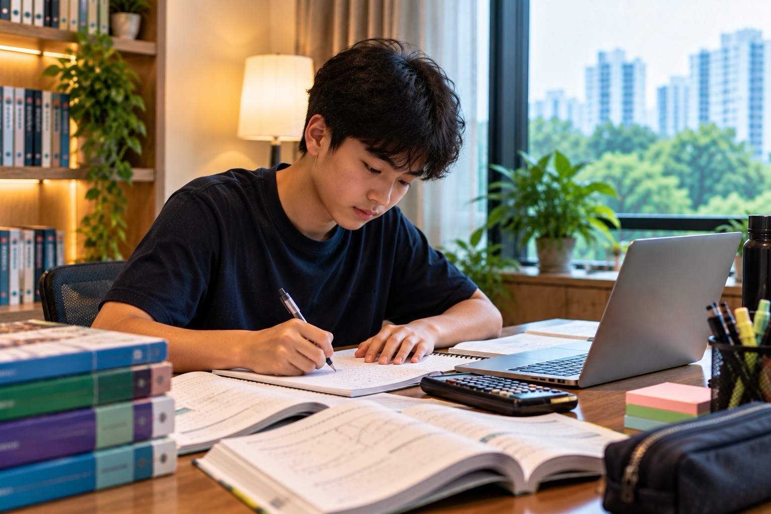 A student writes at a home desk with open textbooks, a notebook and a laptop arranged beside the window.
