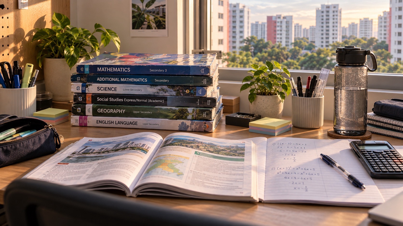 An open mathematics textbook and practice notebook sit beside stacked schoolbooks, pens and a calculator in a sunlit study space.