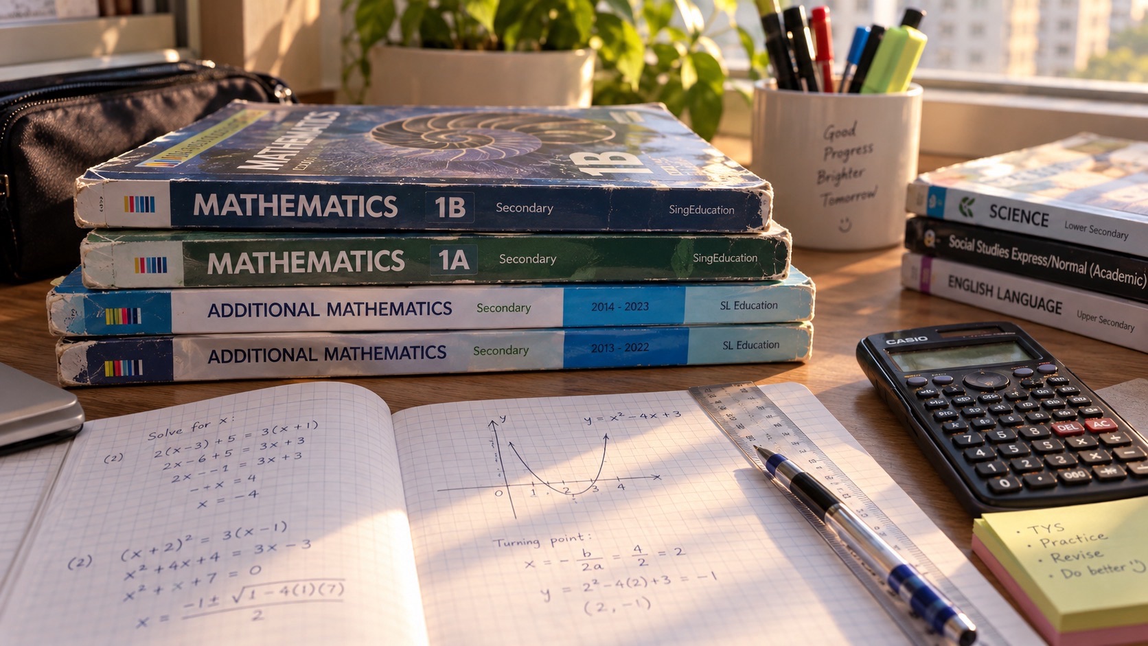 Mathematics textbooks stand behind an open notebook containing written working and a graph, with a calculator and pens alongside.