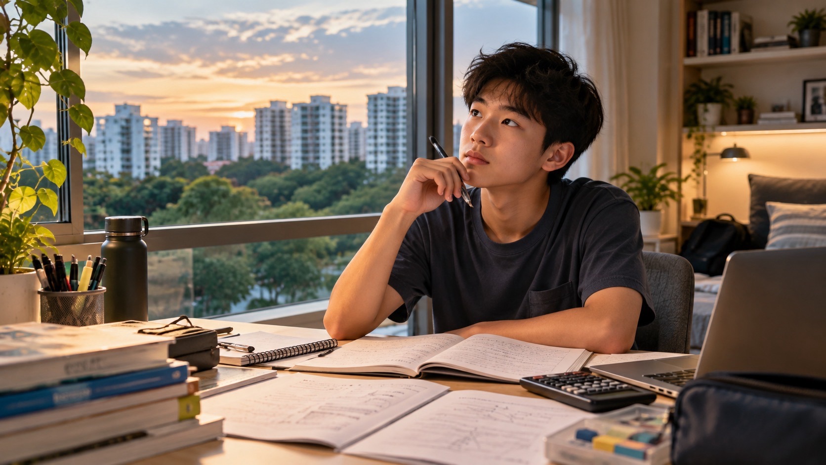 A student looks up from his notebook during an evening study session, with a laptop and books on the desk.
