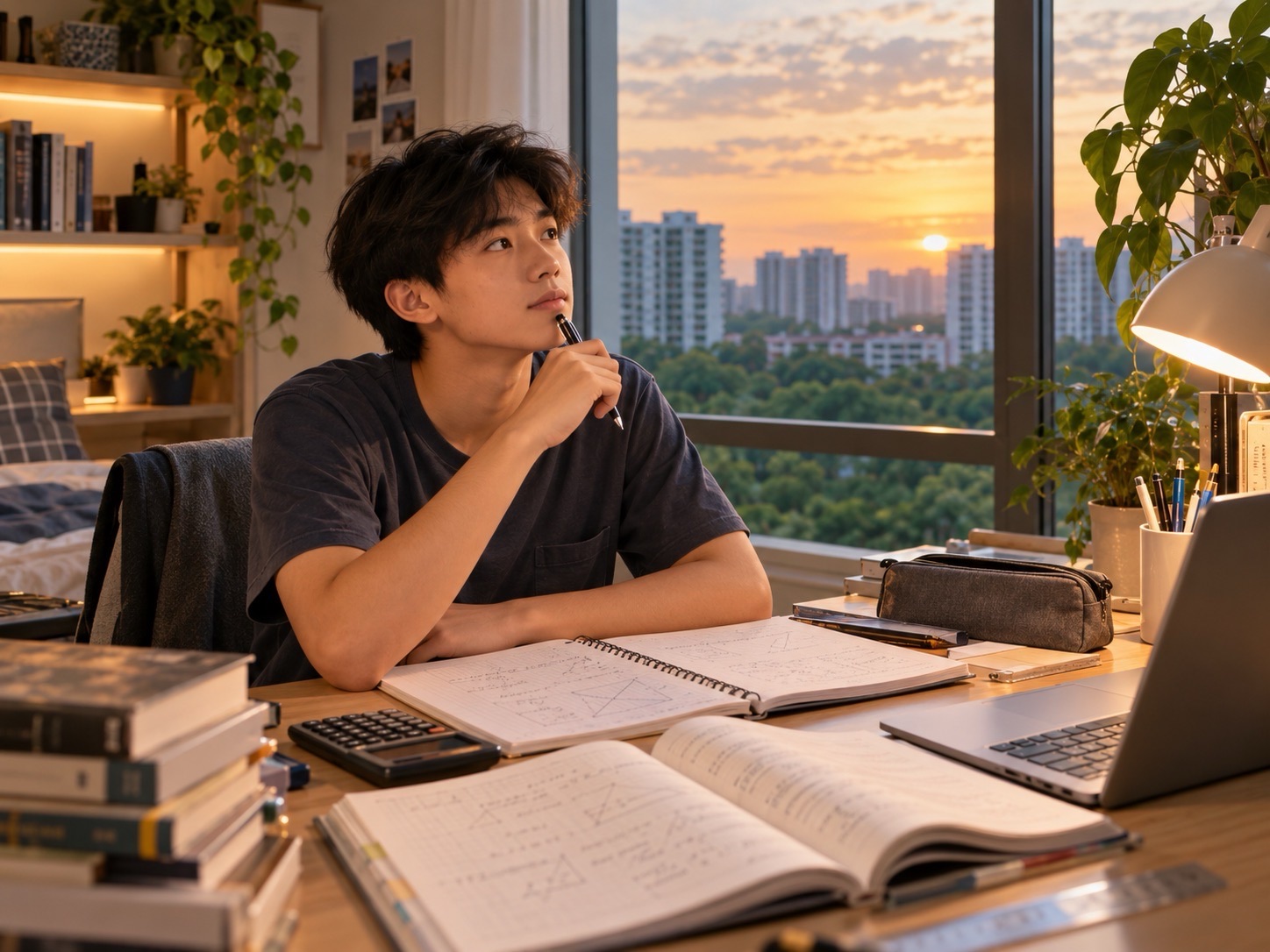 A student pauses over open study materials with a hand near his chin as evening light falls across the desk.