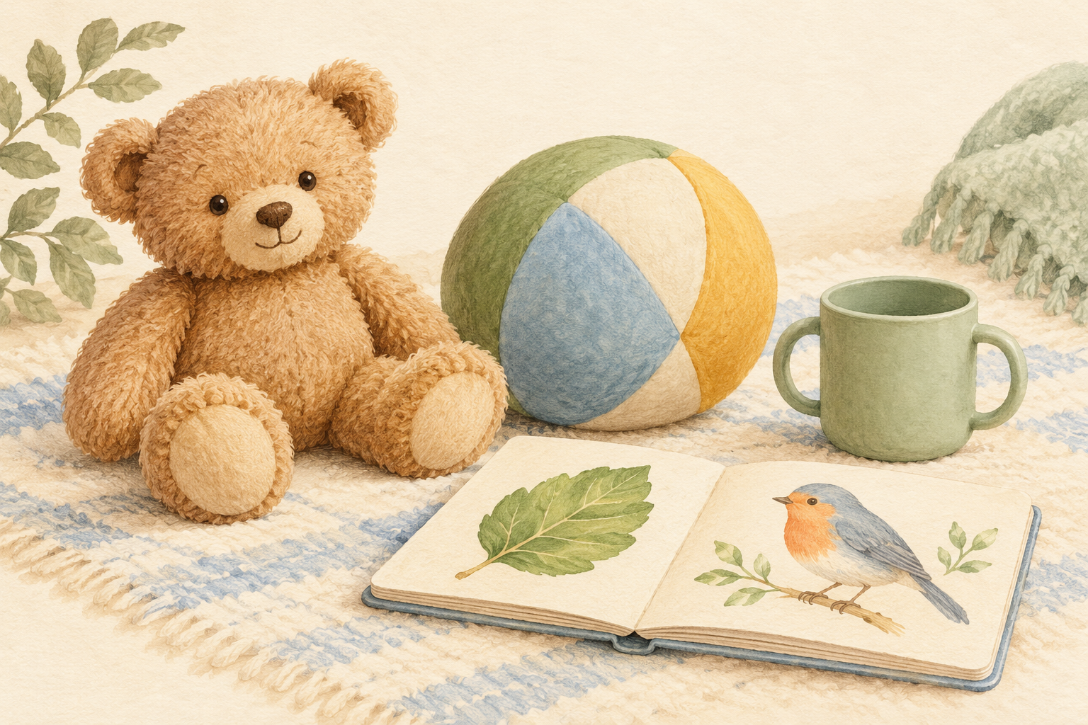 Watercolour illustration of a teddy bear, soft ball, handled cup and open picture book showing a leaf and a bird.